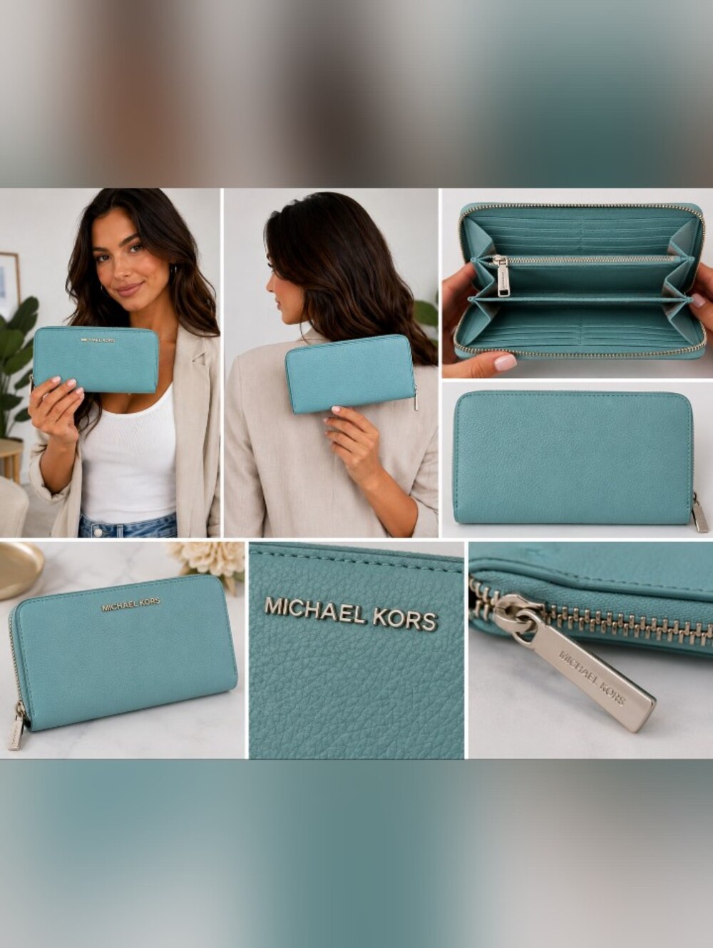 Michael Kors Leather Zip Around Wallet Turquoise Blue Pebbled Continental